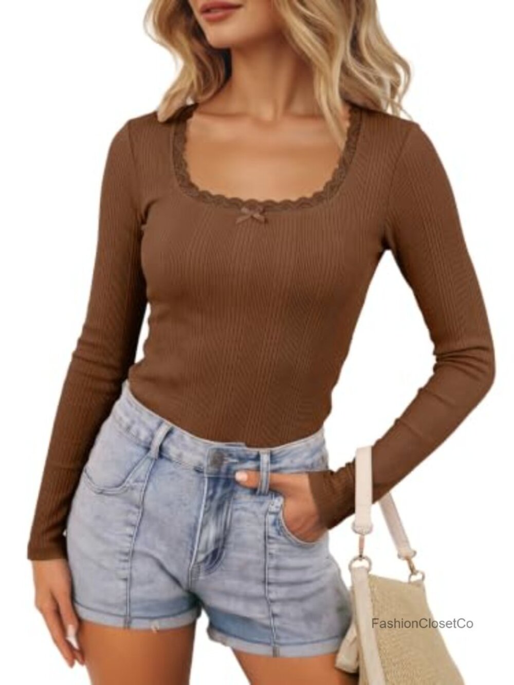 Womens Long Sleeve Lace Square Neck Bow Knot Ribbed Slim Fit Top